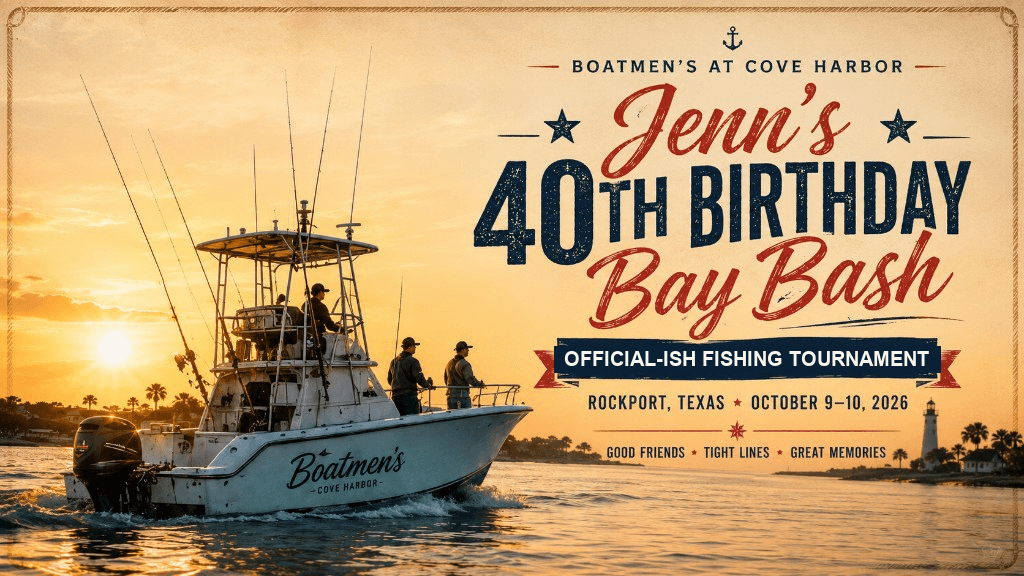 Jenn's 40th Birthday Bay Bash — official-ish fishing tournament at Boatmen's Cove Harbor, Rockport, Texas, October 9–10, 2026