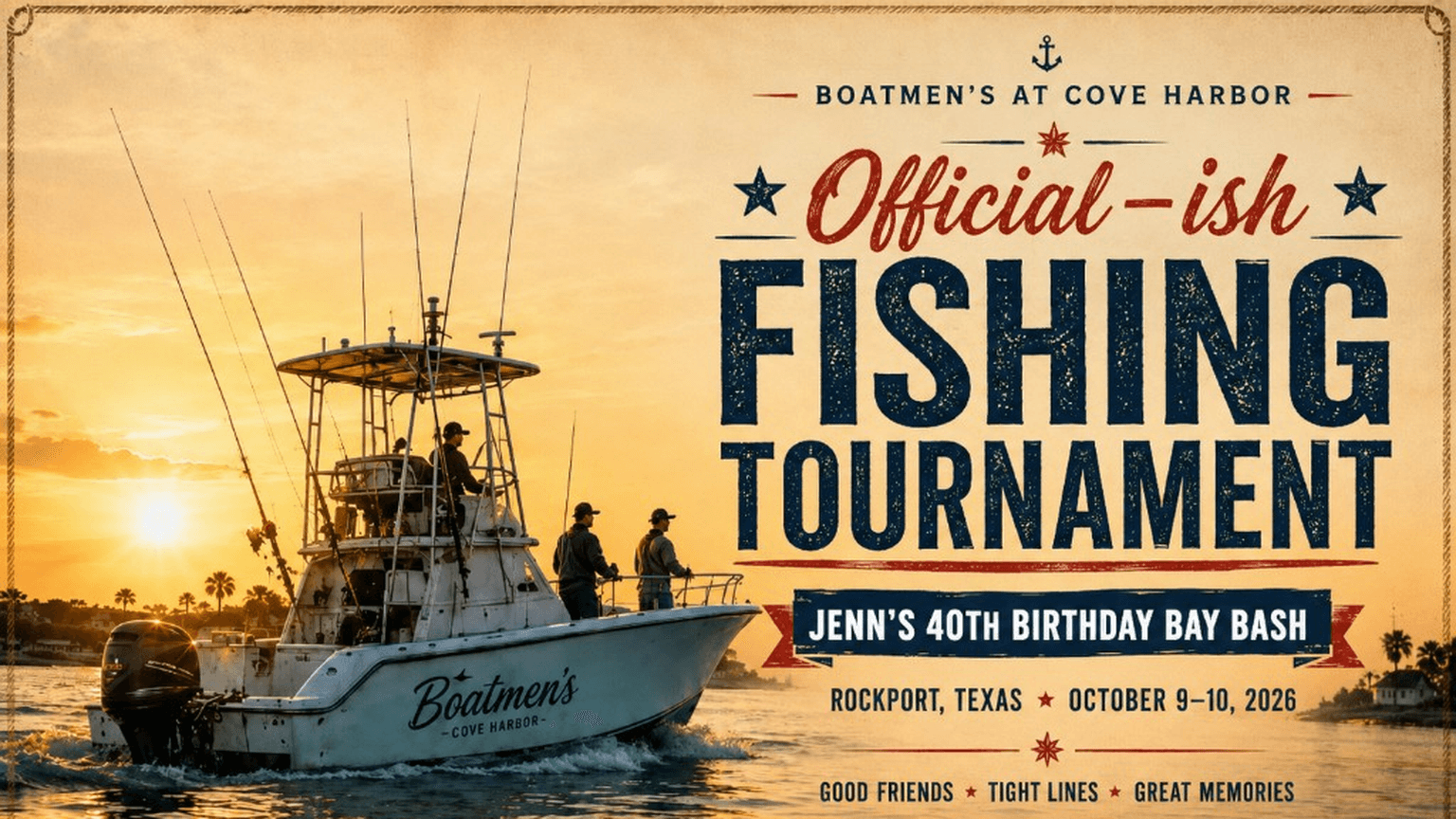 Official-ish Fishing Tournament — Jenn's 40th Birthday Bay Bash at Boatmen’s Bar and Marina, Cove Harbor, Rockport, Texas, October 9–10, 2026